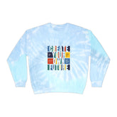 Tie-Dye Sweatshirt — Light Blue Spiral Crewneck with "Altura Global" Logo