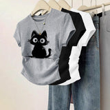 Womens Sweet-Style T-Shirt With Adorable Cartoon Cat Print