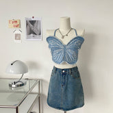 Embroidered Camisole With Butterfly Theme Sexy Blue Stage Performance Top For Girl Groups