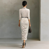 Fashionable Short-Sleeve Belted Pleated Shirt Dress