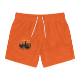 Men's Orange Swim Trunks with Sunset Cityscape Graphic