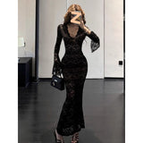 Red V-neck Lace Hollow-out Long-sleeve Dress