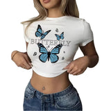 Womens Printed Top White Bodycon Cropped Navel-Exposed T-Shirt