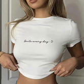 Womens Letter-Print Top Cropped T-Shirt