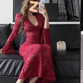 Red V-neck Lace Hollow-out Long-sleeve Dress