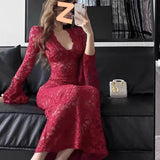 Red V-neck Lace Hollow-out Long-sleeve Dress