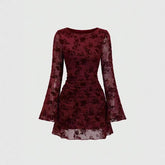 Spice Girl Mesh Flocked Crew Neck Flare-Sleeve Dress