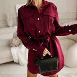 New Stylish And Elegant Solid-color Button-up Shirt Dress With A Turn-down Collar