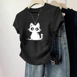 Womens Sweet-Style T-Shirt With Adorable Cartoon Cat Print