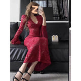 Red V-neck Lace Hollow-out Long-sleeve Dress