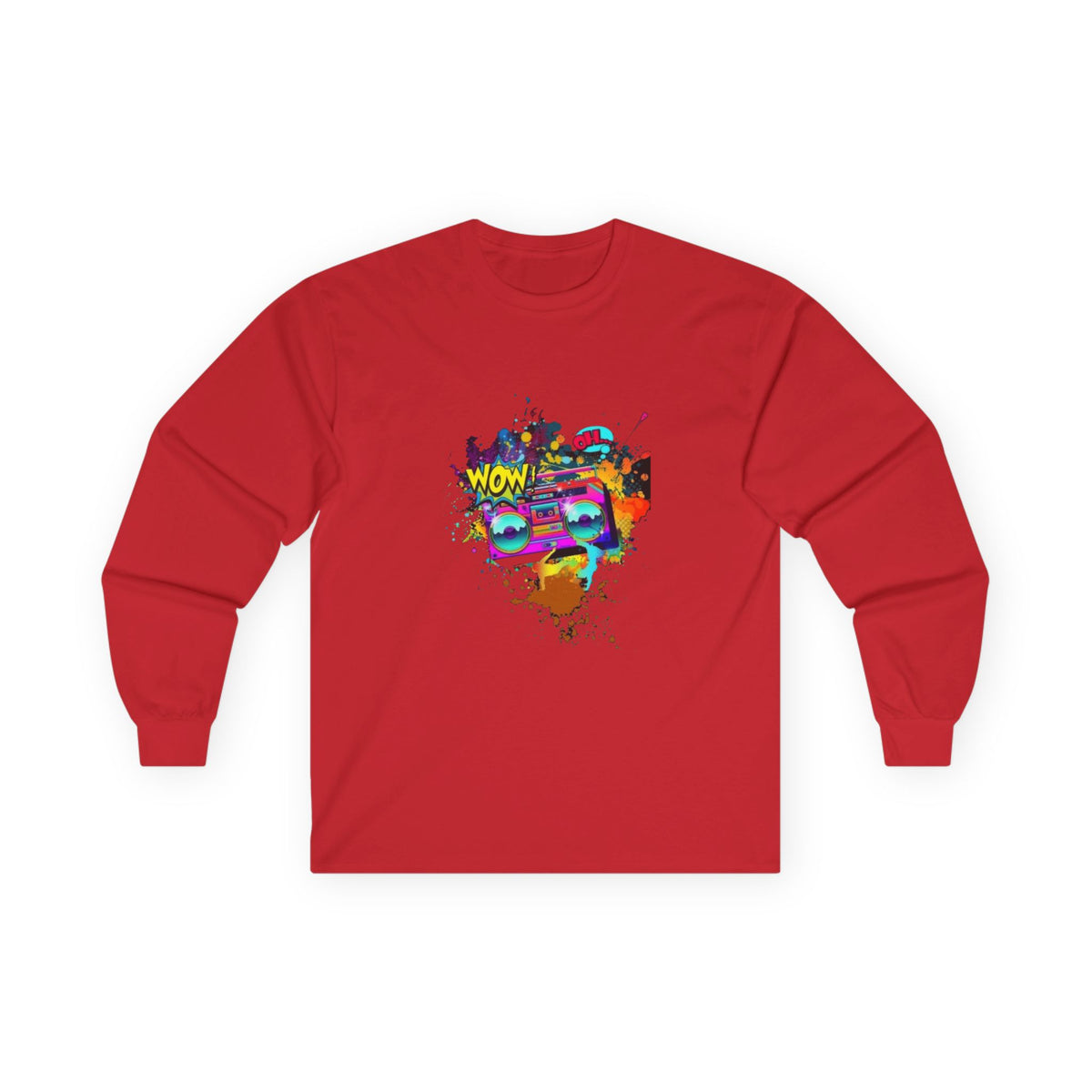 Long Sleeve Tee — Colorful Pop Art 'Wow' Skull Graphic