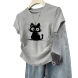 Womens Sweet-Style T-Shirt With Adorable Cartoon Cat Print