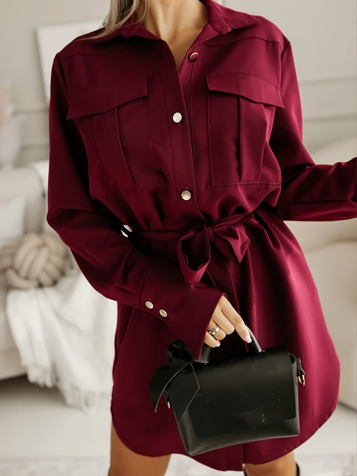 New Stylish And Elegant Solid-color Button-up Shirt Dress With A Turn-down Collar
