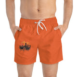 Men's Orange Swim Trunks with Sunset Cityscape Graphic