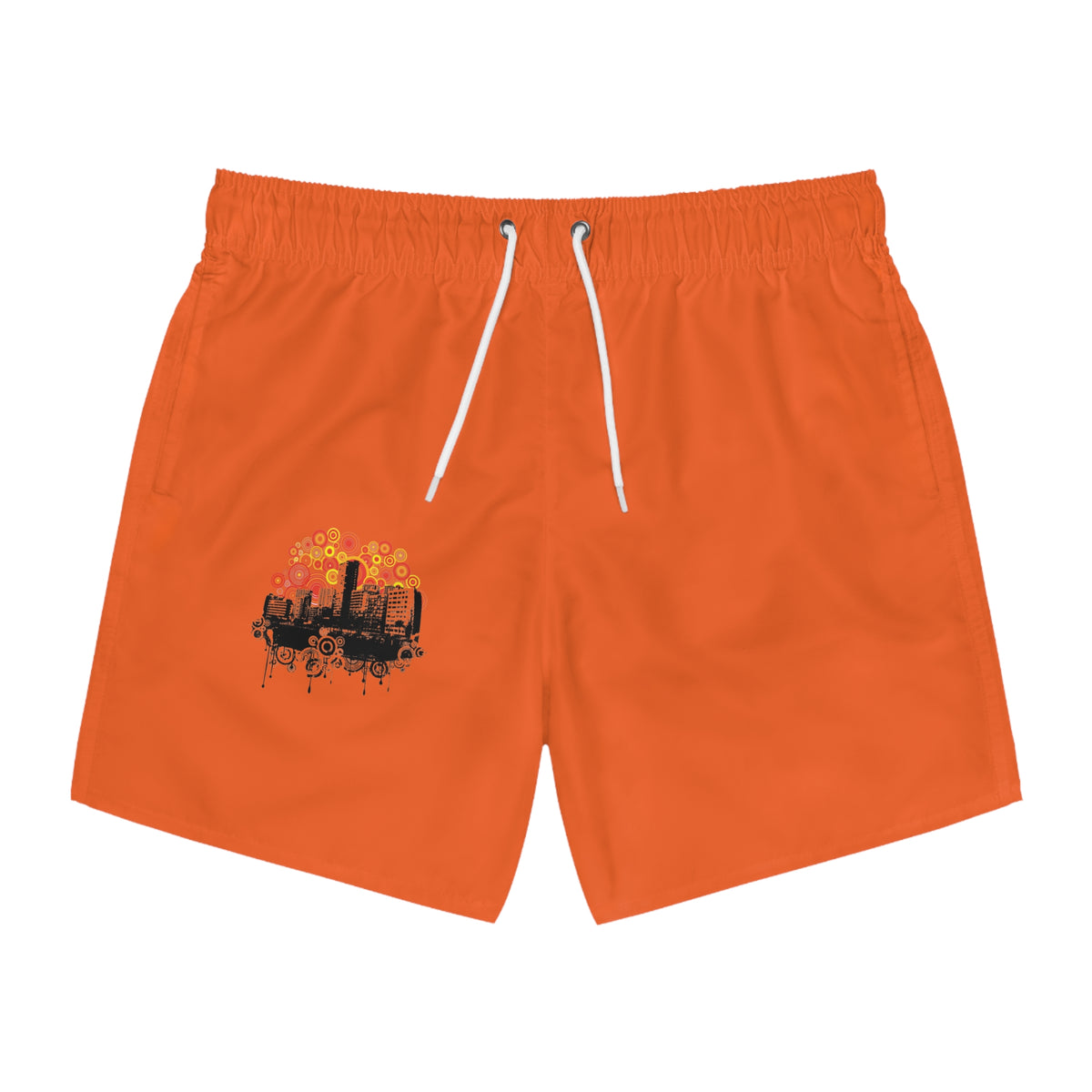 Men's Orange Swim Trunks with Sunset Cityscape Graphic