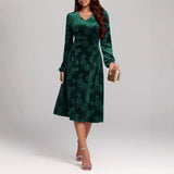 Womens Solid-Color Mid-Length Gold Velvet Embossed V-Neck Dress