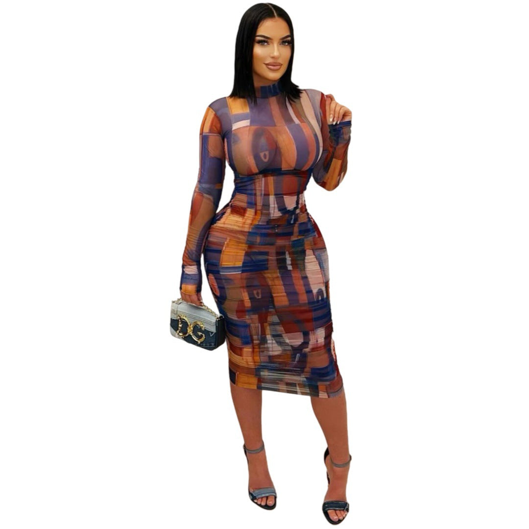 Fashionable And Elegant Printed Mesh Ruched Dress