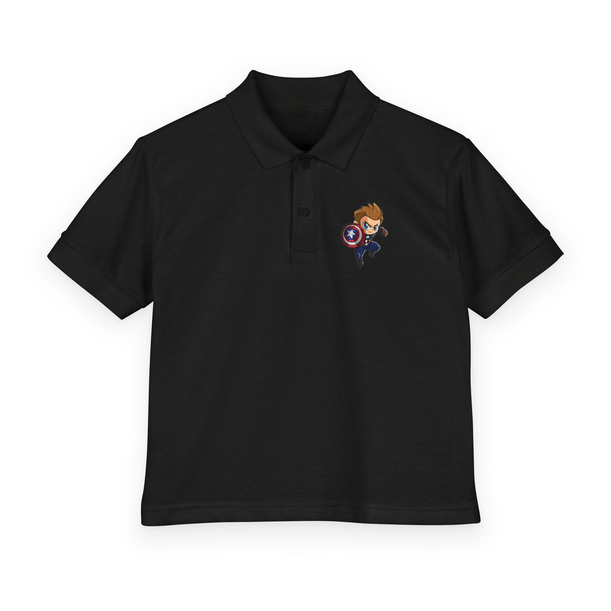 Kids Polo Shirt — Cute Superhero Boy with Shield Chest Embroidered Design