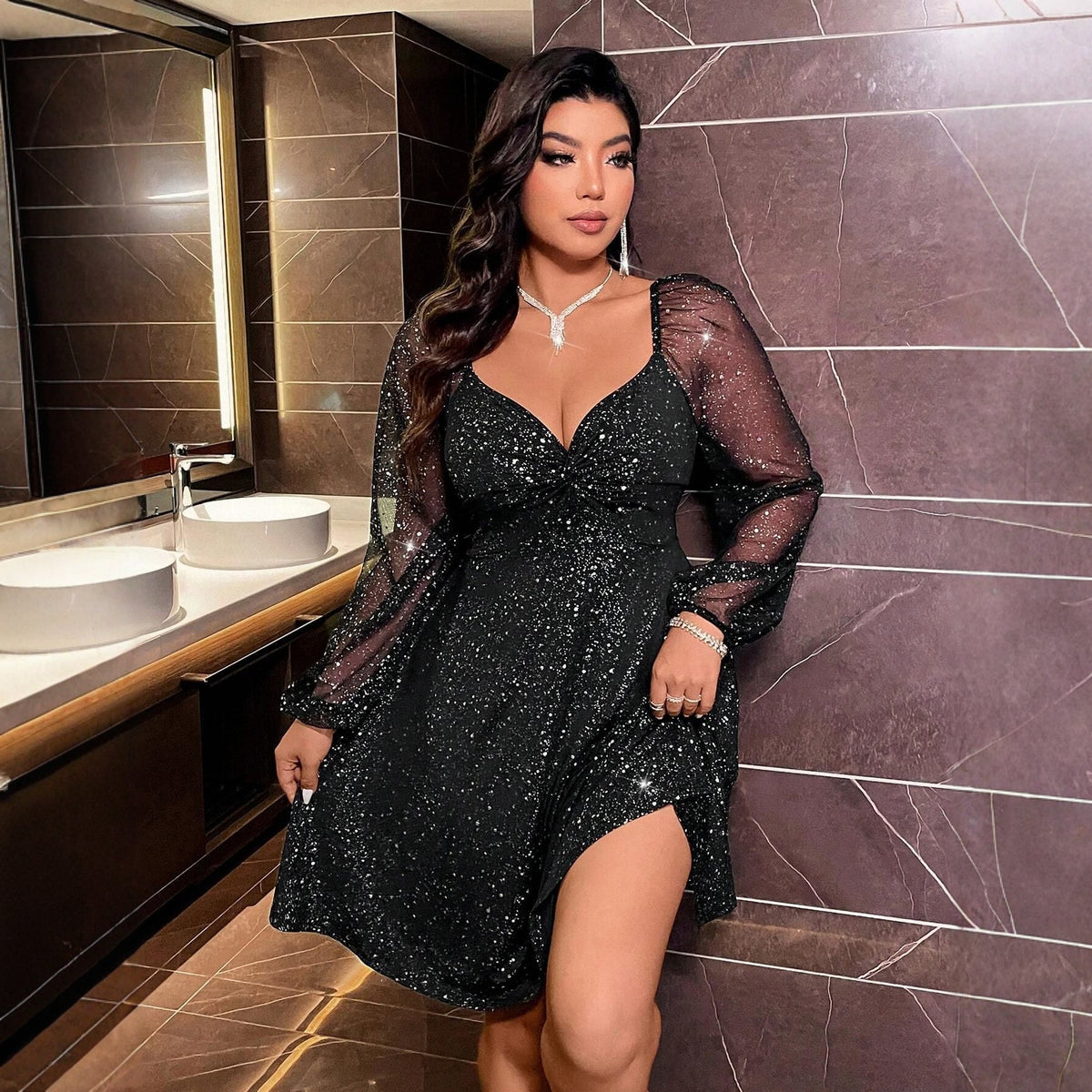 Womens Solid-Color V-Neck Mesh Dress With Sparkling Details