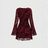 Spice Girl Mesh Flocked Crew Neck Flare-Sleeve Dress