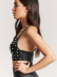 Simplee Pu leather pearl crop top women Strap backless camisoles tanks Summer style streetwear cropped sexy top female