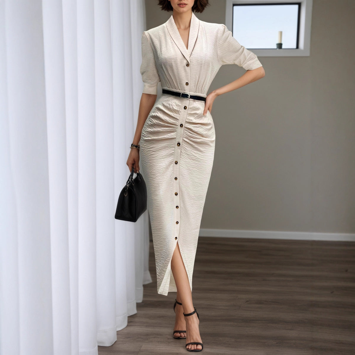 Fashionable Short-Sleeve Belted Pleated Shirt Dress