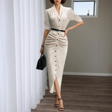 Fashionable Short-Sleeve Belted Pleated Shirt Dress