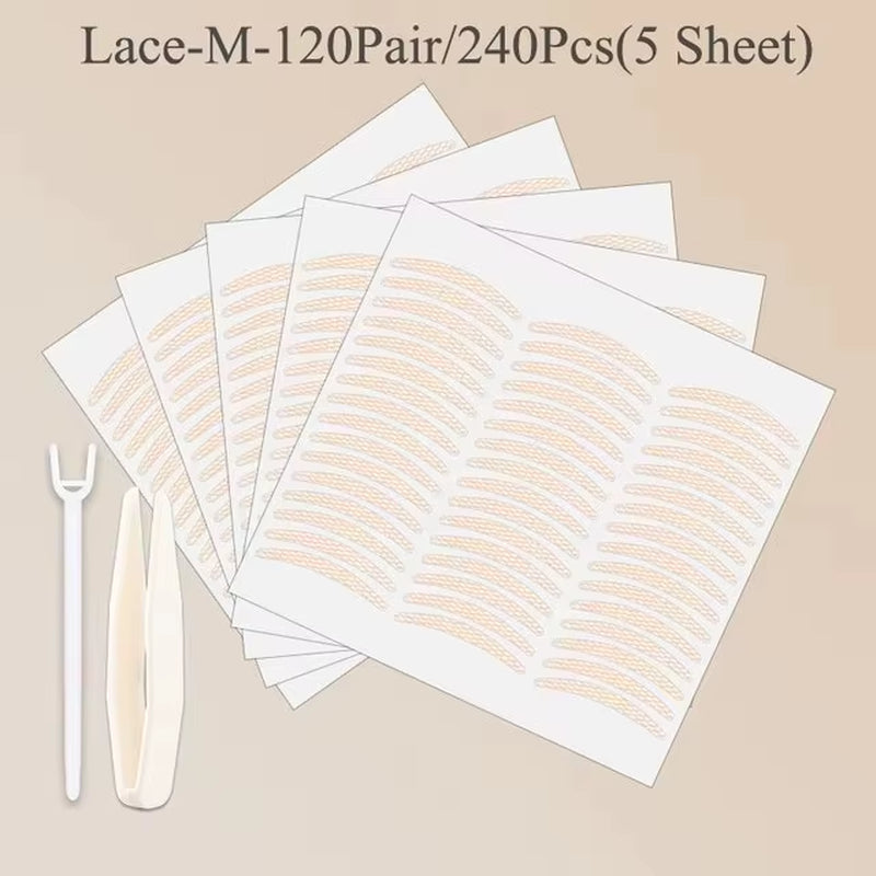 240Pcs Invisible Double Fold Eyelid Tape Sticker Lace Nature Clear Beige Stripe Self-Adhesive Natural Eye Makeup with Tools