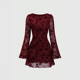 Spice Girl Mesh Flocked Crew Neck Flare-Sleeve Dress