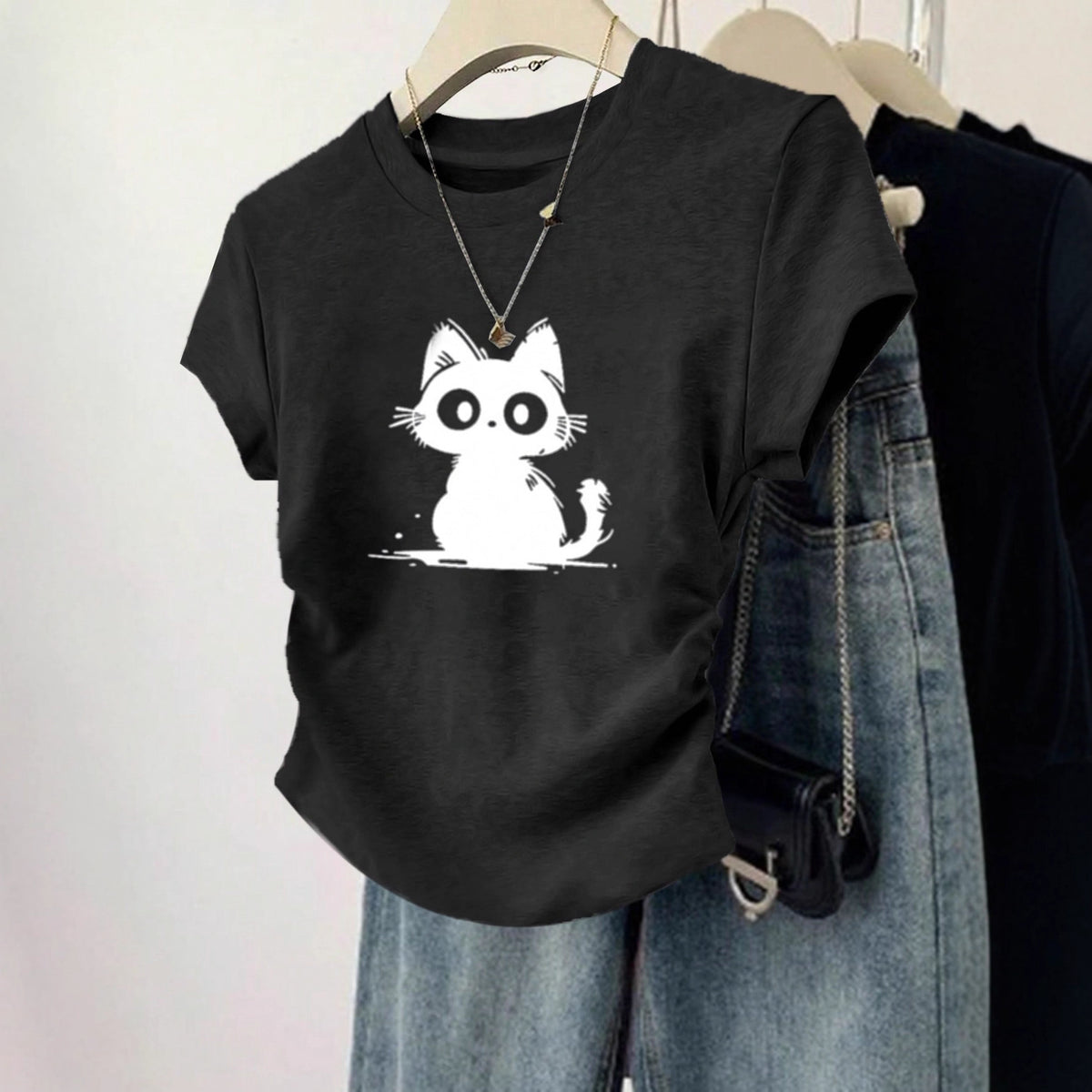 Womens Sweet-Style T-Shirt With Adorable Cartoon Cat Print